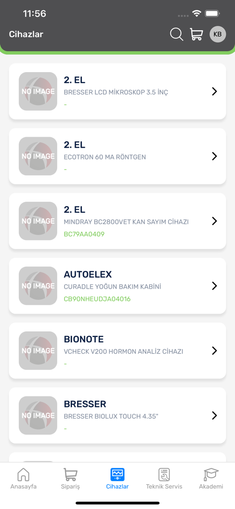 Hasvet - Tela do aplicativo móvel Hasvet listando dispositivos médicos veterinários e equipamentos de diagnóstico disponíveis