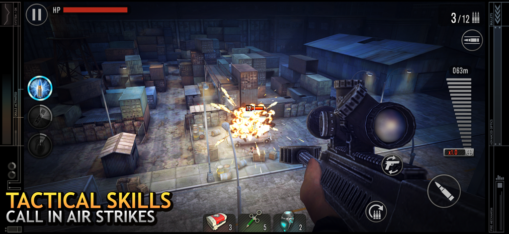 Last Hope Sniper - Zombie War - Sniper calling in a tactical air strike explosion in a container yard