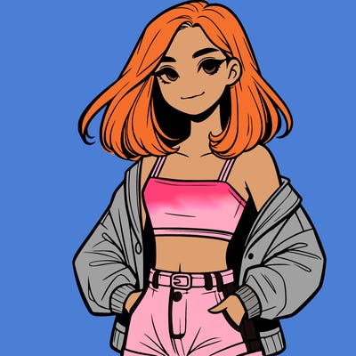 a realistic girl with a crop top and short shorts in an open jacket
