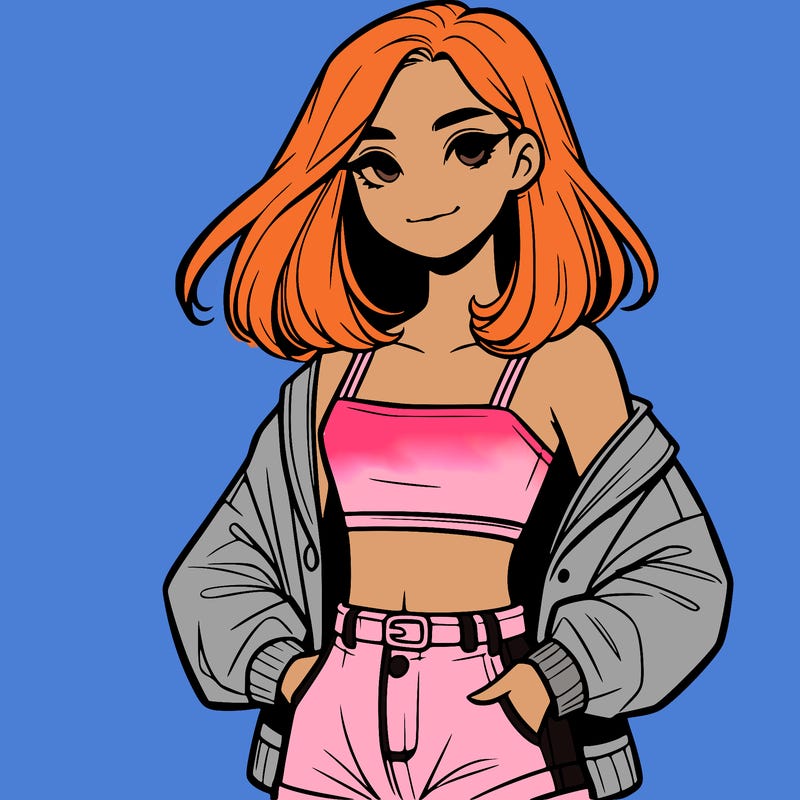 a realistic girl with a crop top and short shorts in an open jacket