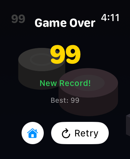Jump! for Watch - Game over screen of Jump! for Watch showing a new record score of 99 on an Apple Watch interface.