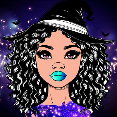realistic black girl with wavy hair and witch hat and nose and lips