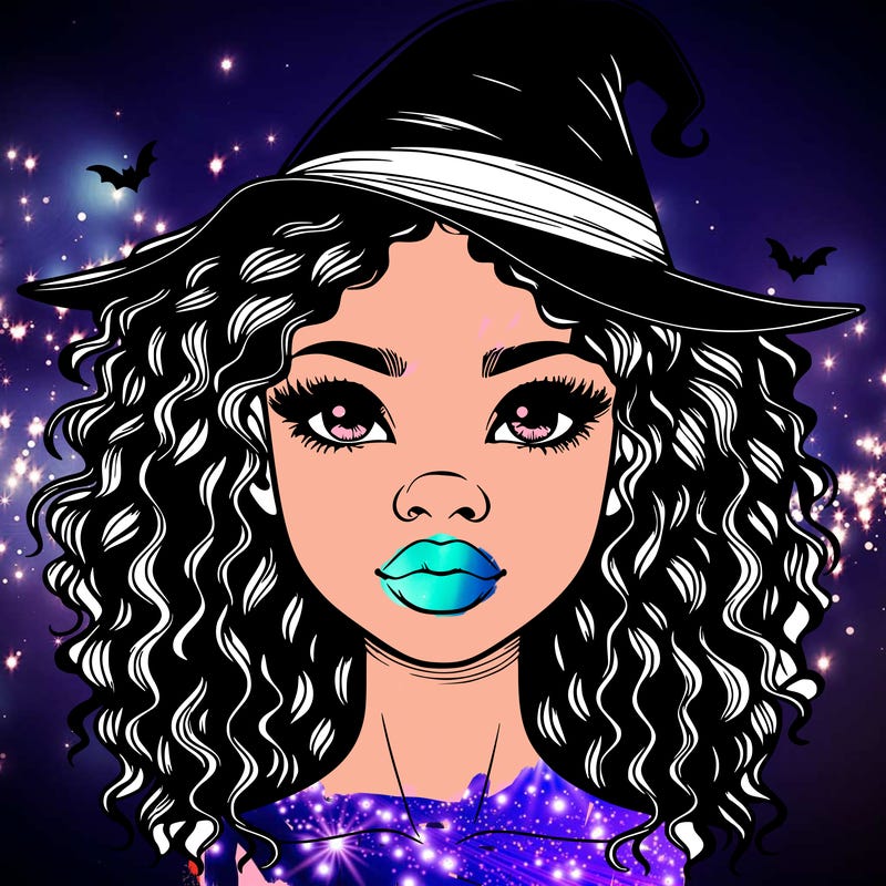 realistic black girl with wavy hair and witch hat and nose and lips