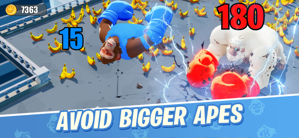 A small blue ape boxer facing a large white mutant ape in the Age of Apes mobile game