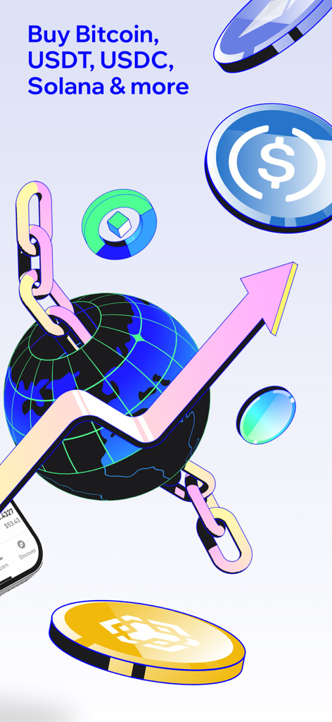 Trust: Crypto & Bitcoin Wallet - Gráfico promocional da Trust Wallet mostrando opções para comprar Bitcoin e outros ativos cripto com uma seta de crescimento
