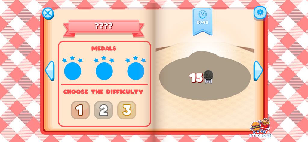 Cooking Time! - Pantalla de selección de dificultad en la aplicación ¡Hora de Cocinar! con tres niveles y ranuras para medallas.