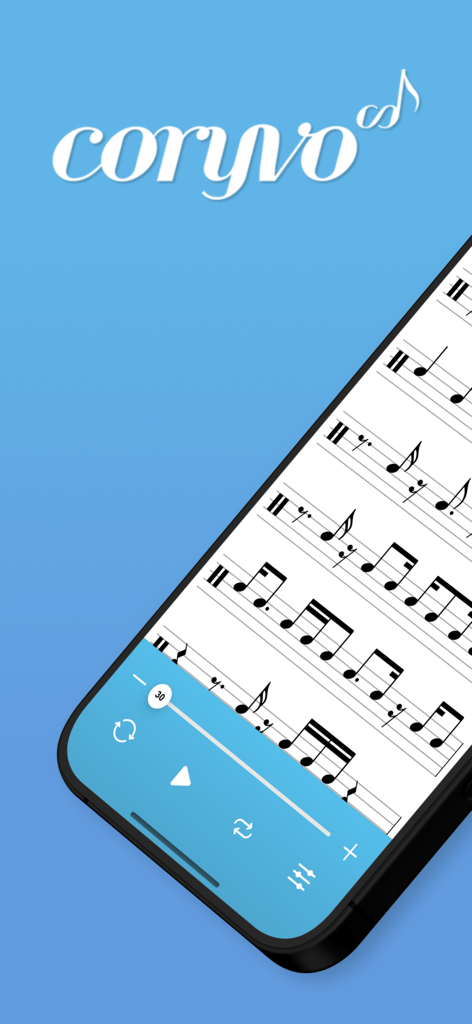 Interfaz de la aplicación Coryvo en un smartphone que muestra notación de ritmo musical y controles de reproducción