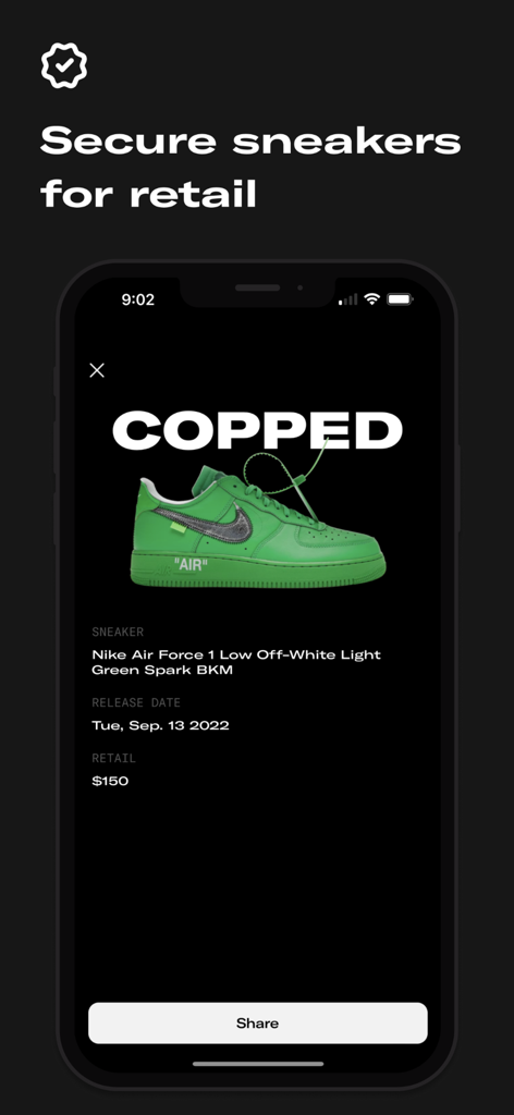 Sole Retriever app showing a successful Copped confirmation screen for a pair of green Nike Air Force 1 Low Off-White sneakers