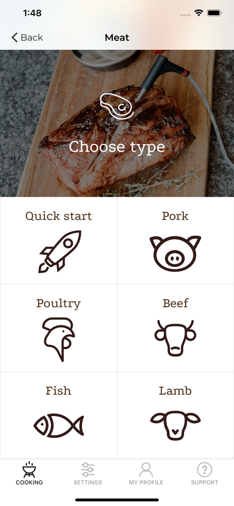 Witt CookPerfect - Meat type selection interface in the Witt CookPerfect app featuring icons for pork beef poultry fish and lamb