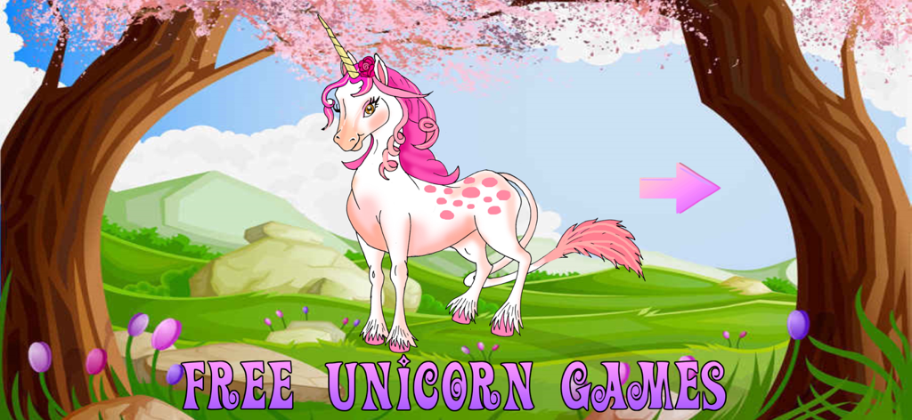 Unicorn Games - Unicornio rosa y blanco de pie en un colorido paisaje montañoso con el texto Juegos de Unicornios Gratis