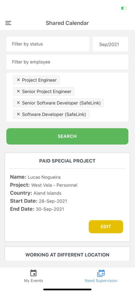 Calendário compartilhado do Safelink App exibindo projetos de pessoal e filtros de status de funcionários.
