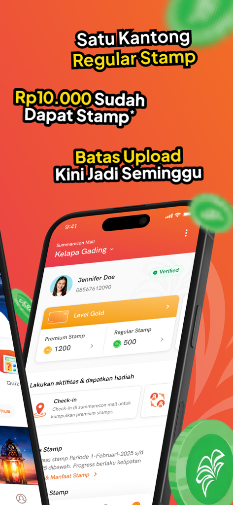 Summarecon Mall - Smartphone screen showing Summarecon Mall loyalty app with user profile and stamp collection
