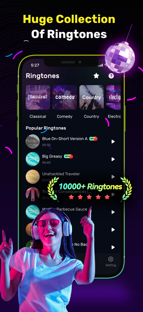 Ringtones & Live Wallpaper - Mobile app screen showing music ringtone categories and a popular songs list for iPhone personalization