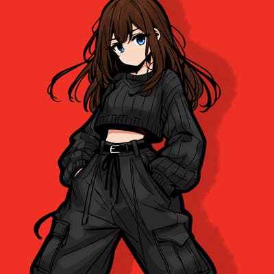 anime teen girl with baggy pants and crop top with sweater