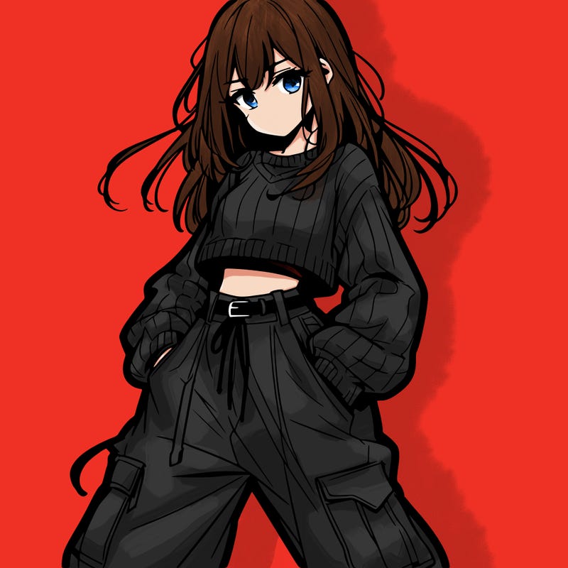 anime teen girl with baggy pants and crop top with sweater