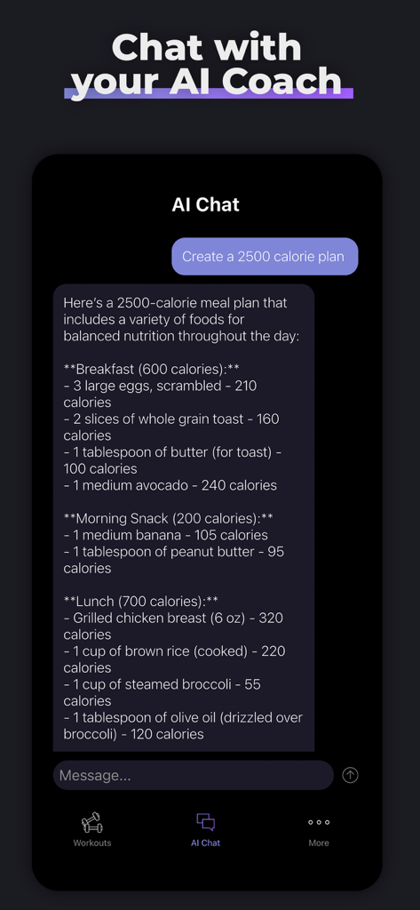 F/AI: AI Gym & Fitness Trainer - Una pantalla de la aplicación móvil que muestra la interfaz de chat de IA de F/AI donde un entrenador virtual proporciona un plan detallado de comidas de 2500 calorías.