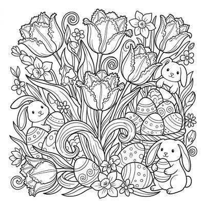 Dive into the festive spirit of spring with this charming Easter coloring page, featuring elegant fringed tulips intertwined with playful bunnies. This delightful scene, complete with decorated eggs and blossoming flowers, offers a joyous and intricate coloring experience for all ages.