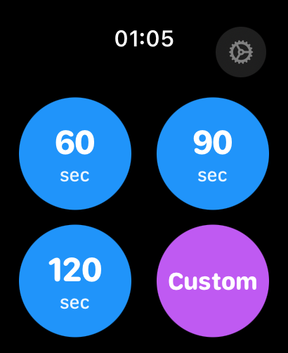 Gym Rest Timer - Flavr Apps - Apple Watch interface for Gym Rest Timer app showing quick start buttons for various rest intervals