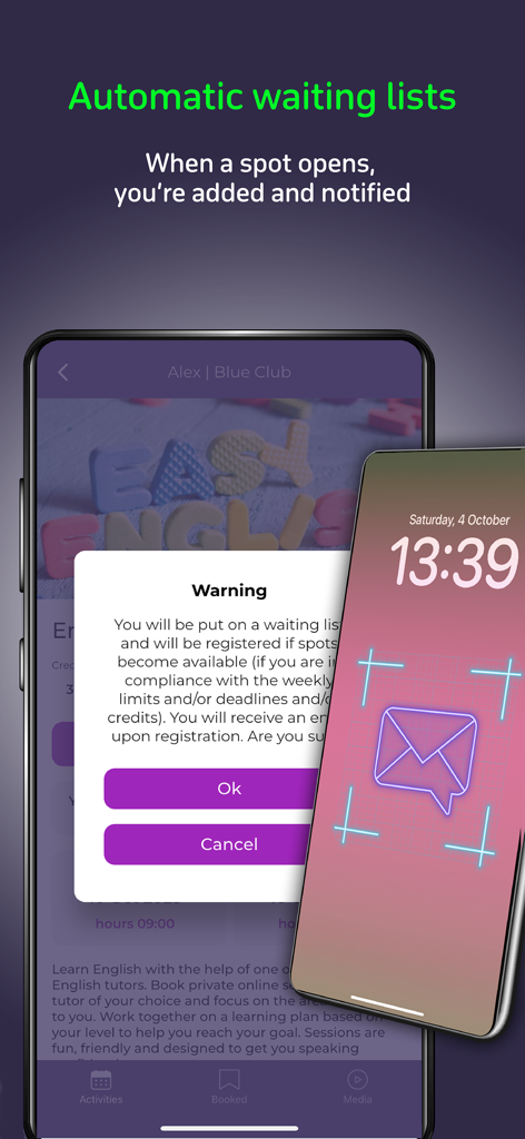 BookyWay Mobile-App-Oberfläche, die eine Bestätigung der automatischen Warteliste und eine Benachrichtigung auf dem Sperrbildschirm zeigt.