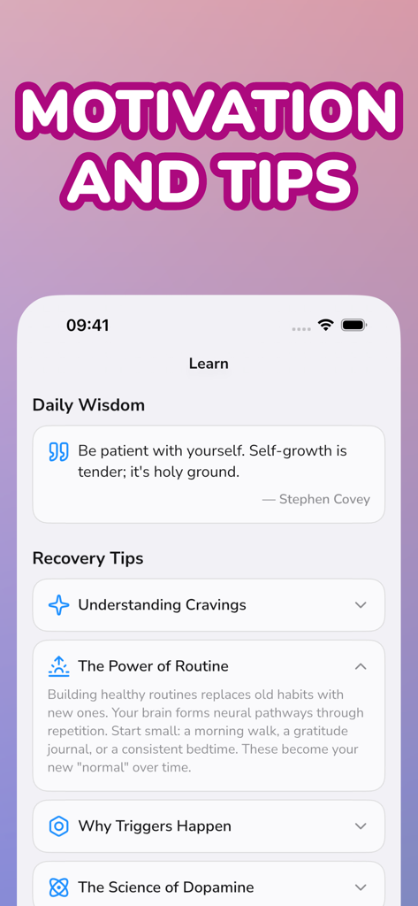 Learn screen of the Guardian Angel app featuring recovery tips and daily wisdom quotes.
