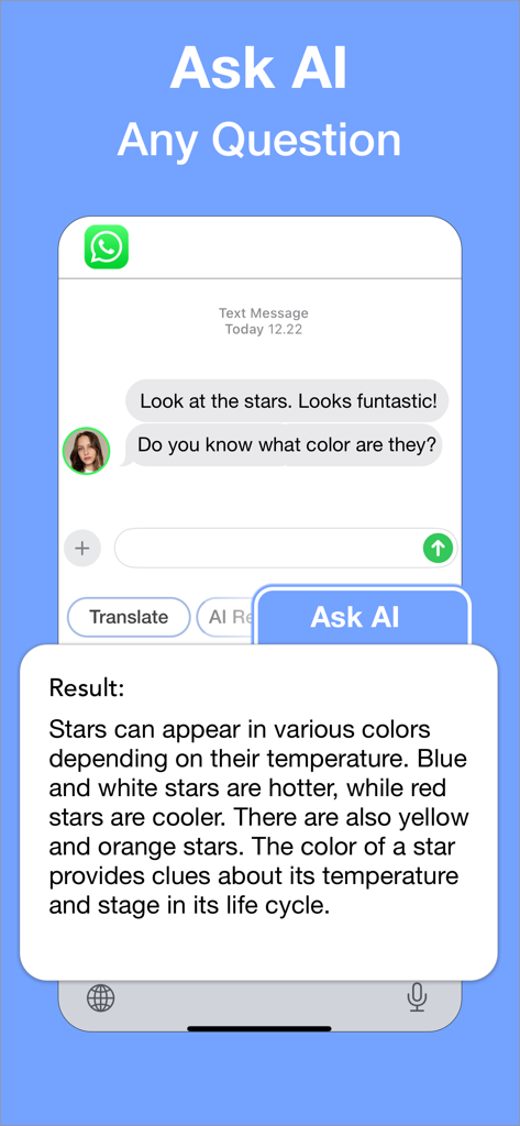 TyprAI: AI Keyboard & Writer - TyprAI app screenshot showing the Ask AI feature providing information within a messaging interface