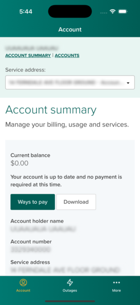 Pantalla de resumen de cuenta de la aplicación móvil de Toronto Hydro que muestra un saldo de cero dólares y opciones de pago