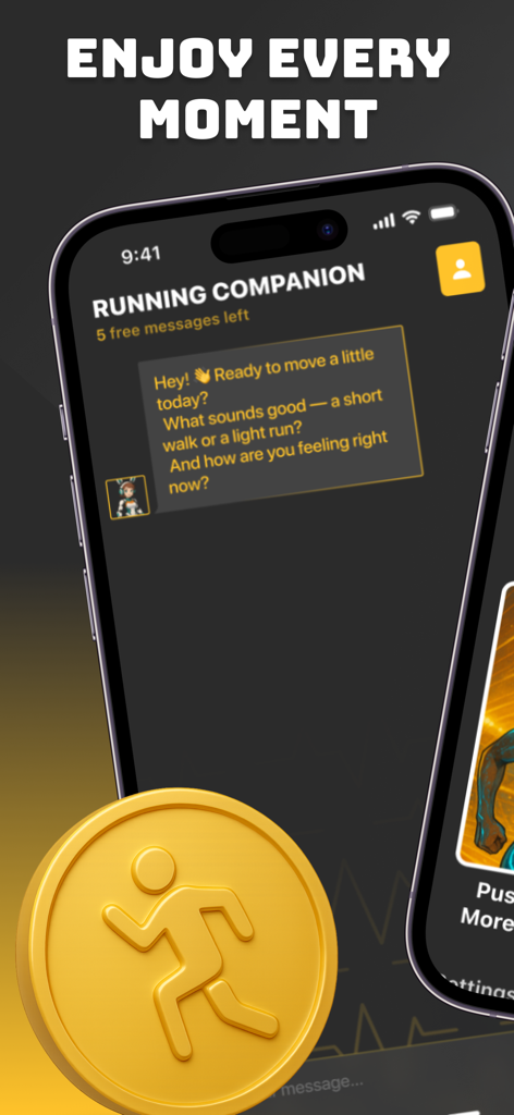 Vai de bem Sports - Mobile phone screen displaying the Vai de bem Sports app chat interface with an AI running companion.
