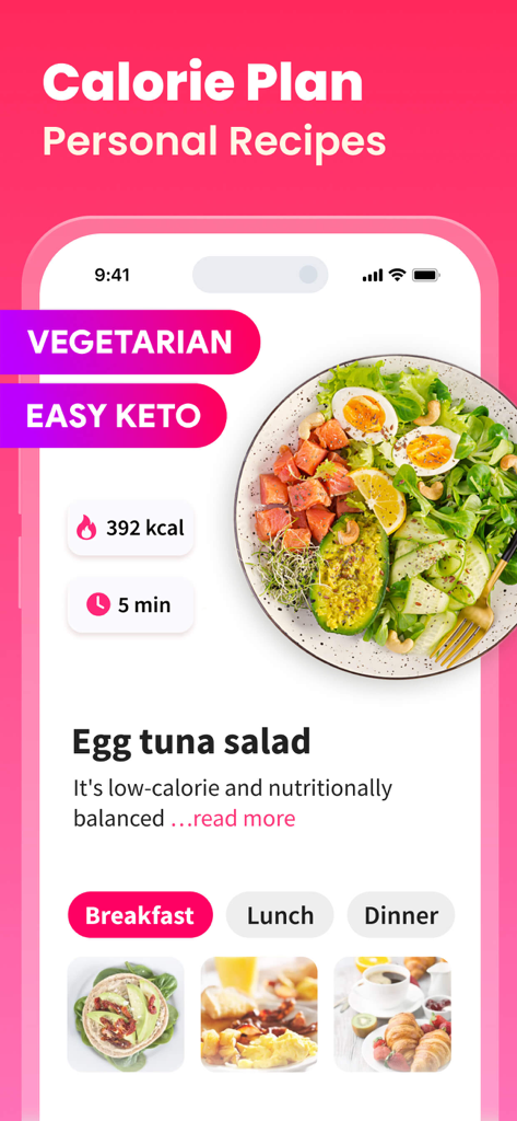 Workout for Women: Fit at Home - Una pantalla de aplicación móvil que muestra recetas de comidas saludables y un plan de calorías para mujeres.