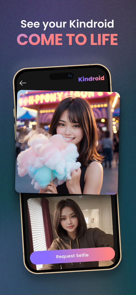 Kindroid: Your Personal AI - Interface of the Kindroid app showing AI generated selfies of a digital companion.