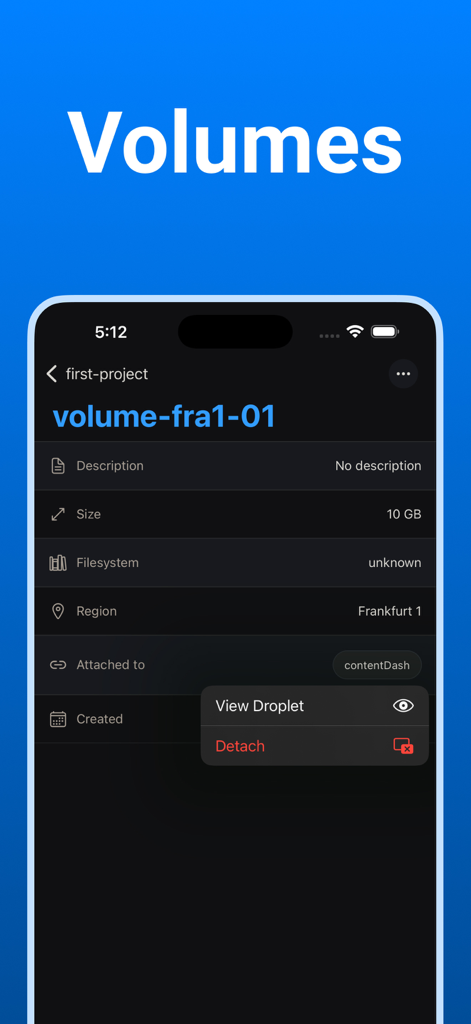 Digital Ocean Mobile — Ocean - Tela do aplicativo Ocean mostrando detalhes de volumes do DigitalOcean, incluindo tamanho, região e opções de desanexação.