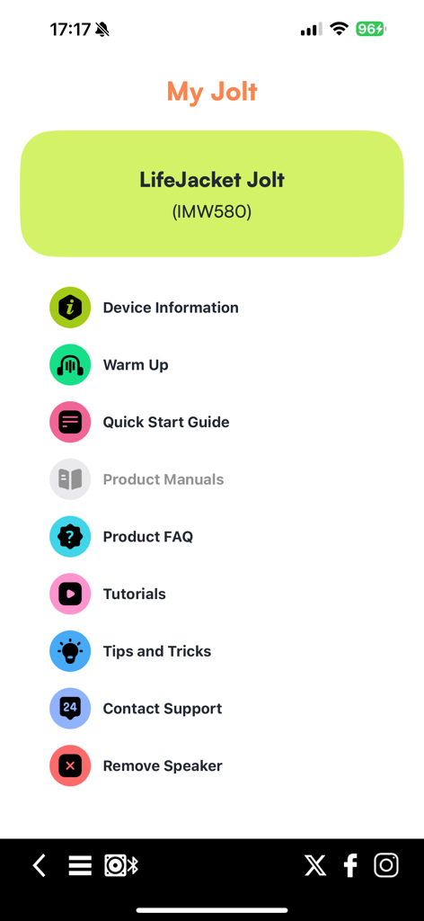 Altec Lansing Just Listen app device support menu for LifeJacket Jolt speaker