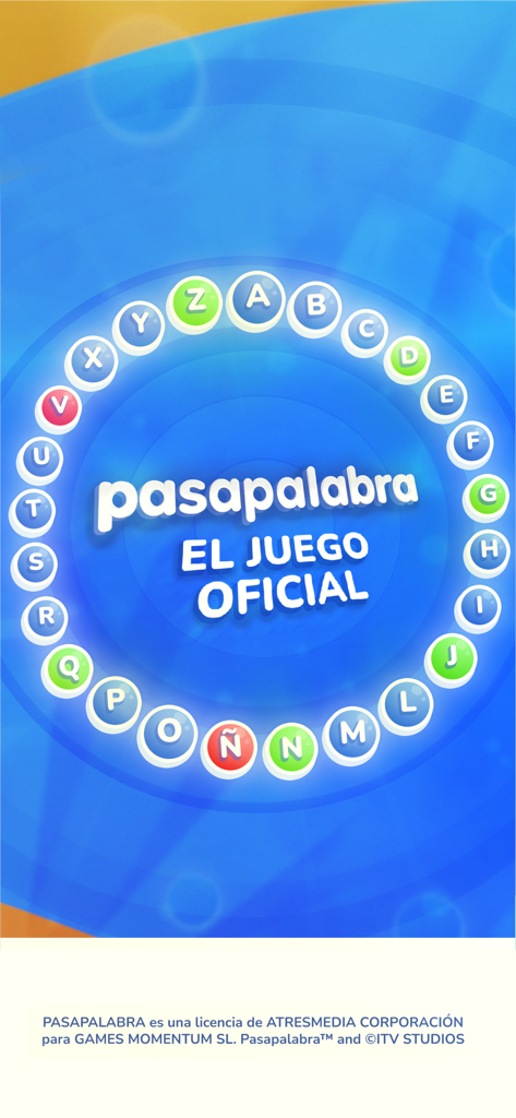 Pasapalabra: Juego Quiz de TV - Official Pasapalabra game title screen featuring the iconic alphabet wheel known as El Rosco on a blue background.