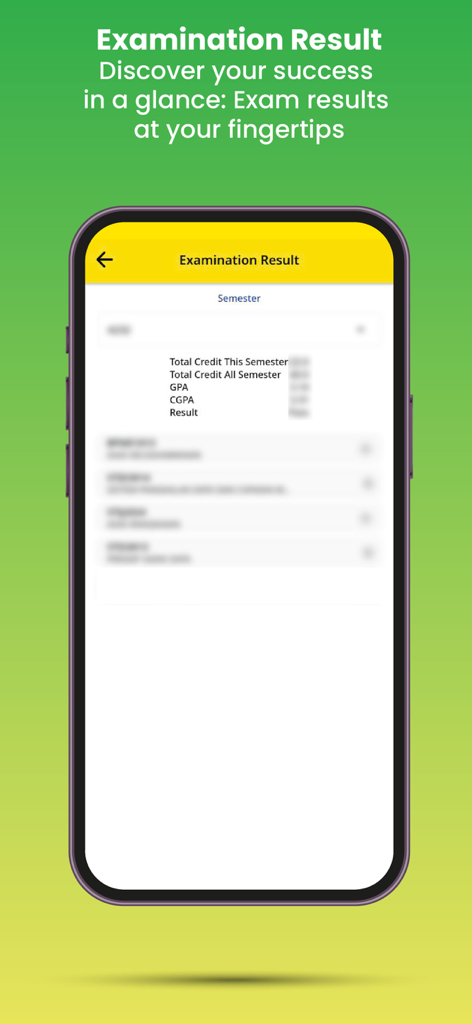 Interface do aplicativo UUM Student 2.0 exibindo resultados de exames acadêmicos e GPA.