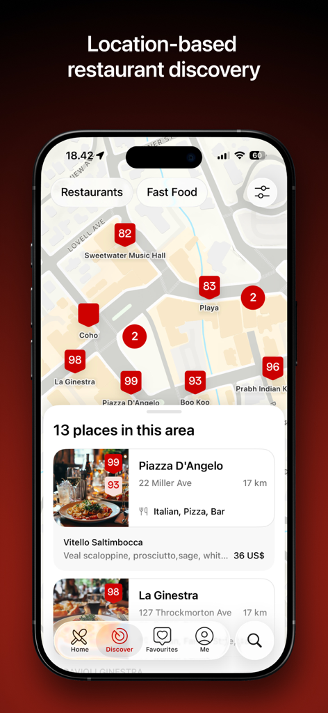 Vota-App-Kartenoberfläche, die Restaurantstandorte mit Qualitätsbewertungen und Essensmöglichkeiten in der Nähe anzeigt