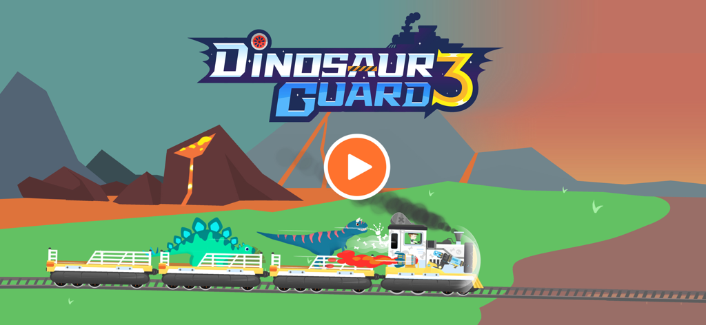 Dinosaur Guard 3 game home screen showing a rescue train carrying dinosaurs in a volcanic landscape