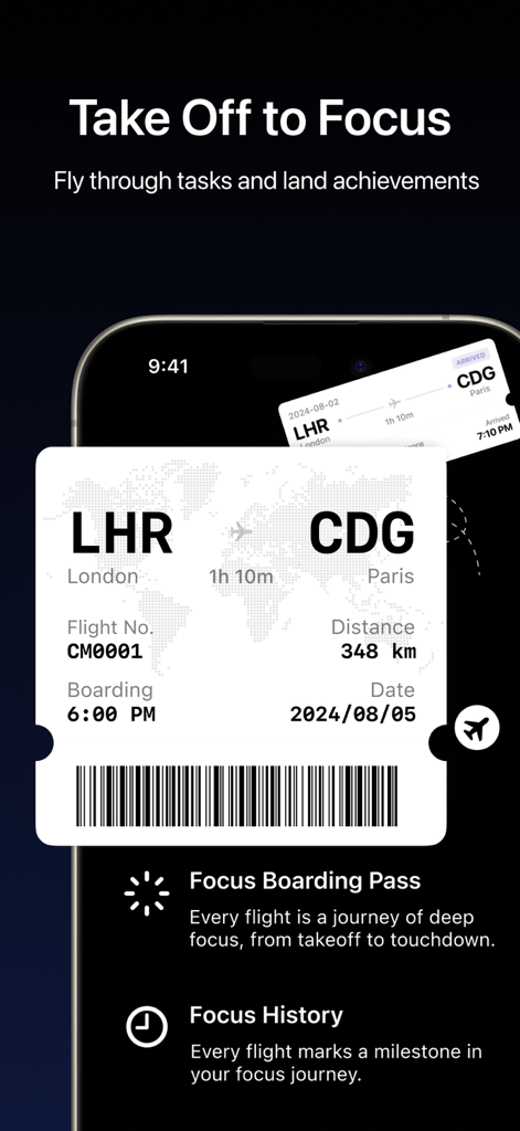 FocusFlight app displaying a virtual focus boarding pass for a productivity session from London to Paris