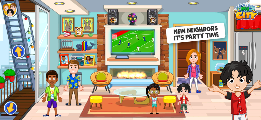 A group of diverse characters in a modern living room featuring a TV showing a soccer game and a fireplace in the My City Home app.