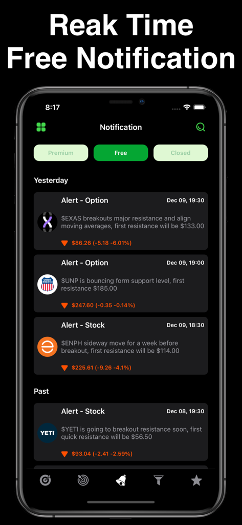 Stocks Alert - Stock Screener - Real time stock and options alert notifications on the Stocks Alert mobile app interface