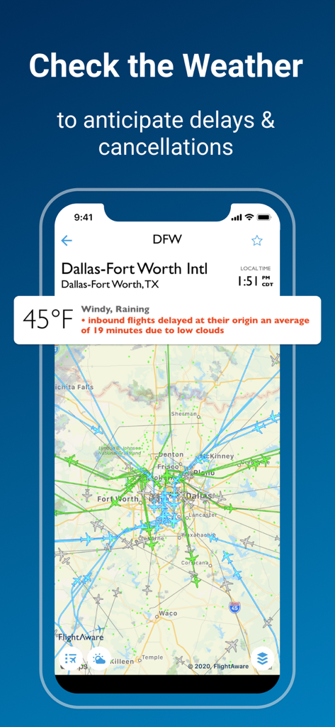 FlightAware Flight Tracker - FlightAware app screen showing weather conditions and inbound flight delay notifications for Dallas Fort Worth International Airport