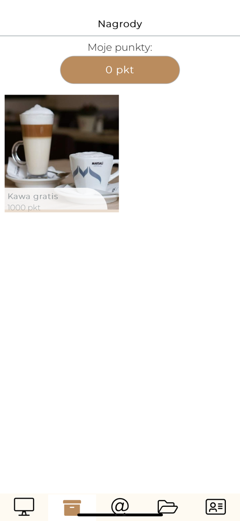 Rewards screen of the Aldente Bistro app showing a loyalty points balance and a free coffee reward offer.