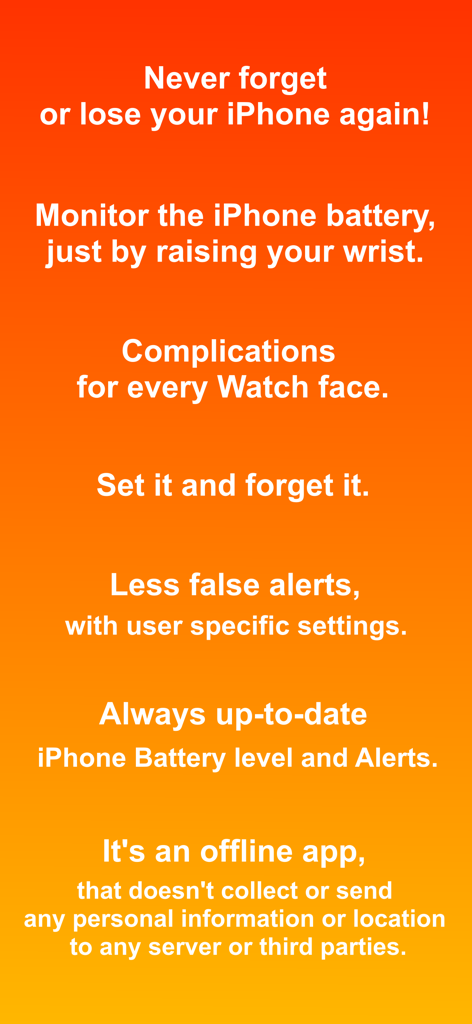 Watch 4 my Phone - Lost Alert - Características clave de la aplicación Watch 4 my Phone, incluidas las alertas antipérdida, el monitoreo de batería y la privacidad sin conexión