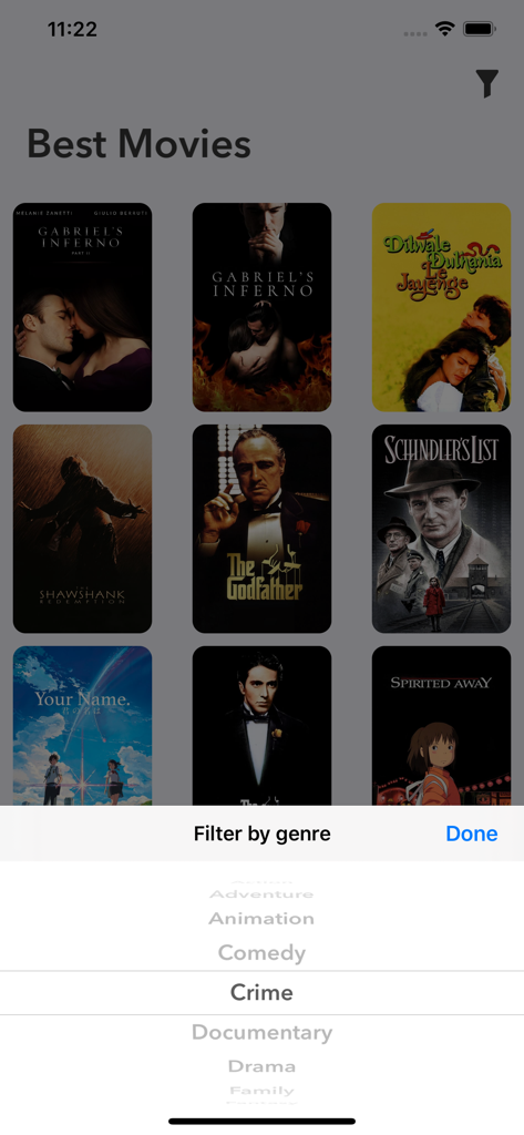 MyMovies - Catalog - MyMovies app interface showing movie posters and a genre selection menu.