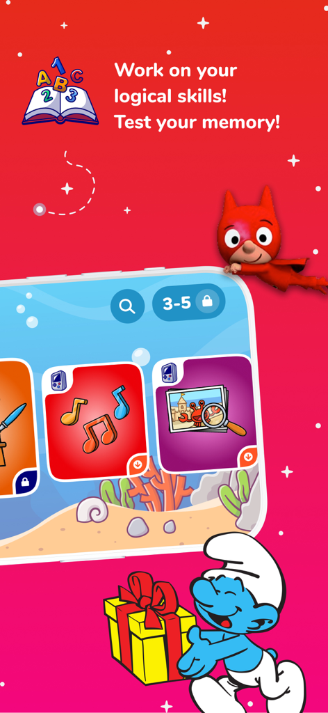 Kidjo Games: Kids Play & Learn - Interfaz de la aplicación Kidjo Games que muestra juegos de lógica y memoria para niños con un personaje de Pitufos