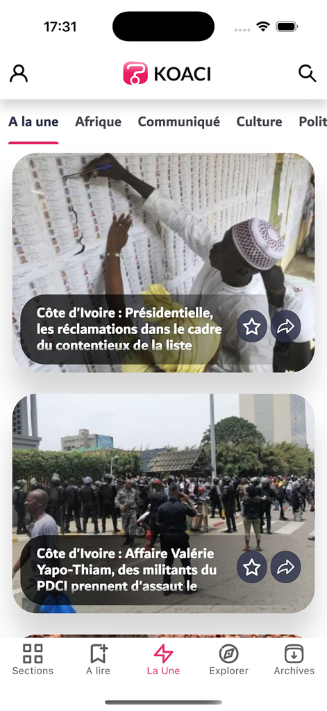 Koaci.com - Interfaz de la aplicación de noticias Koaci que muestra artículos y titulares sobre eventos políticos en Costa de Marfil.