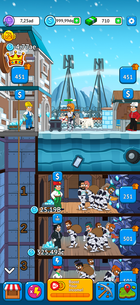 Mining Empire: Get Idle Gold - Una vista de múltiples niveles de minas subterráneas y gerentes en Mining Empire