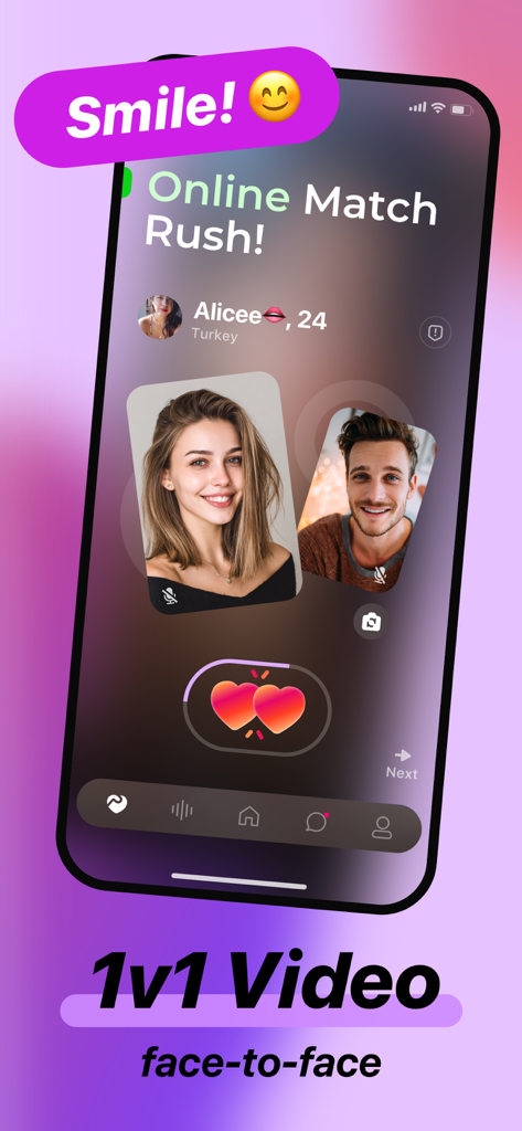 A smartphone displaying the 1v1 face-to-face video chat interface on the Fachat app