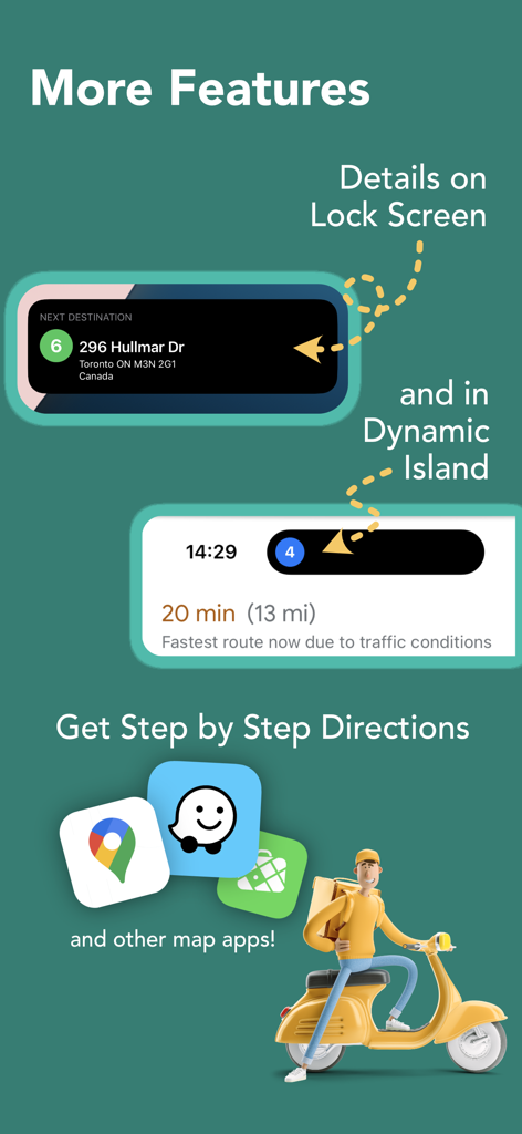 Droppath Route Planner - Interfaz de la aplicación Droppath mostrando detalles de la ruta de entrega en la pantalla de bloqueo y Dynamic Island con integración de navegación de mapas externa