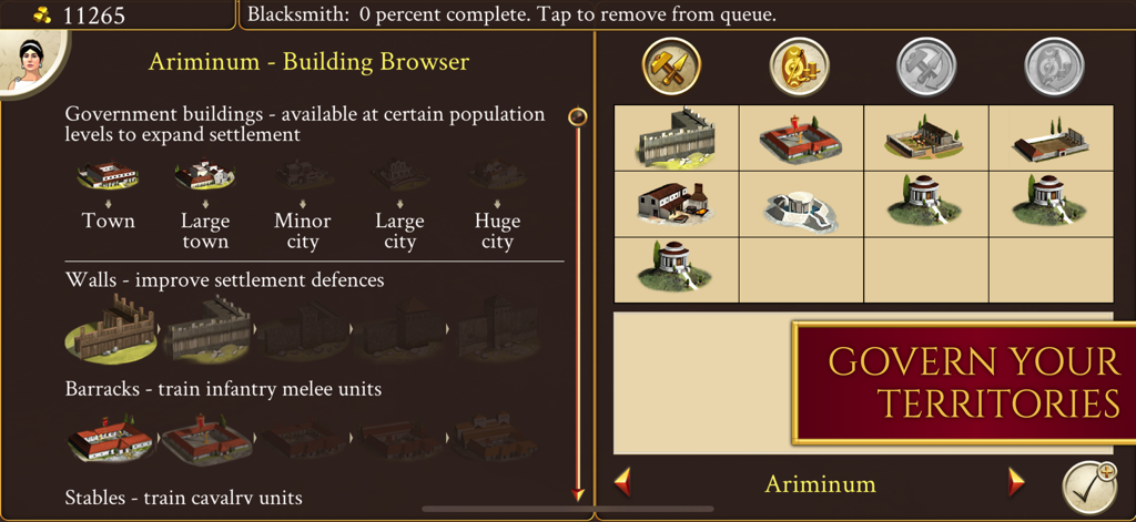 The Building Browser interface in ROME Total War showing settlement management options and unit training facilities for the city of Ariminum