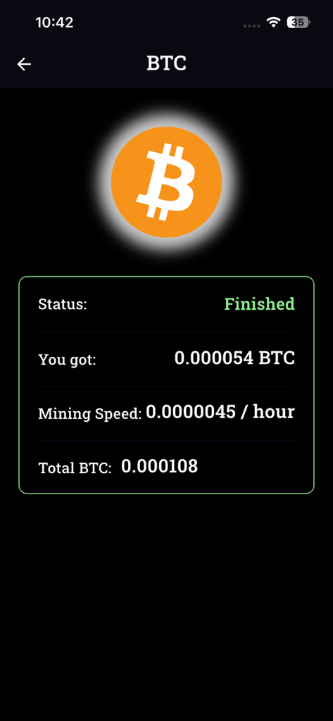 Bildschirm einer mobilen App, der den abgeschlossenen virtuellen Bitcoin-Mining-Status mit Belohnungen und Mining-Geschwindigkeitsstatistiken anzeigt