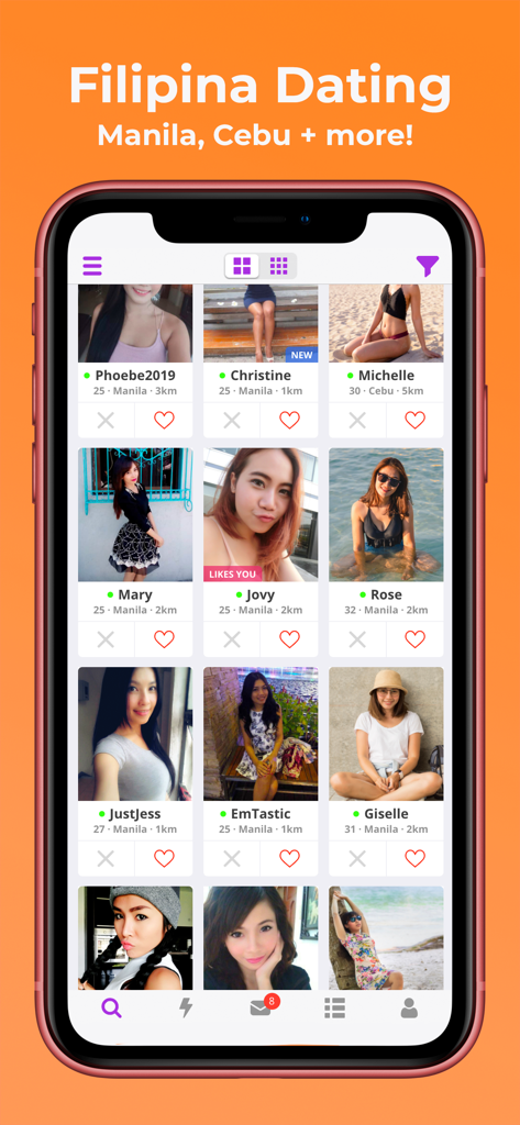 Mobile interface of PinaLove app showing a grid of Filipina women profiles with locations like Manila and Cebu.